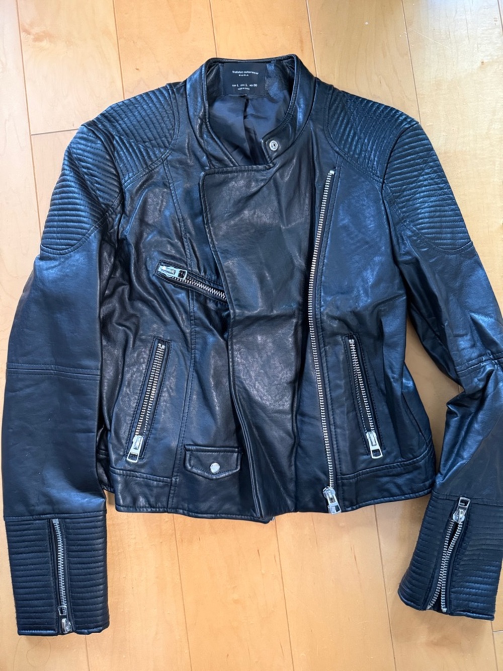 Zara Women’s Black Leather Moto Jacket with Quilted Shoulders